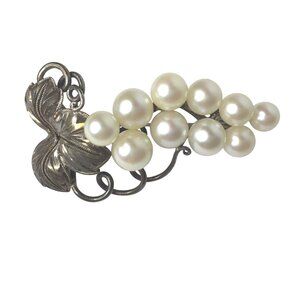 VTG STERLING 835 Women Grape Cluster Brooch Faux Pearl Mid Century Estate Pin